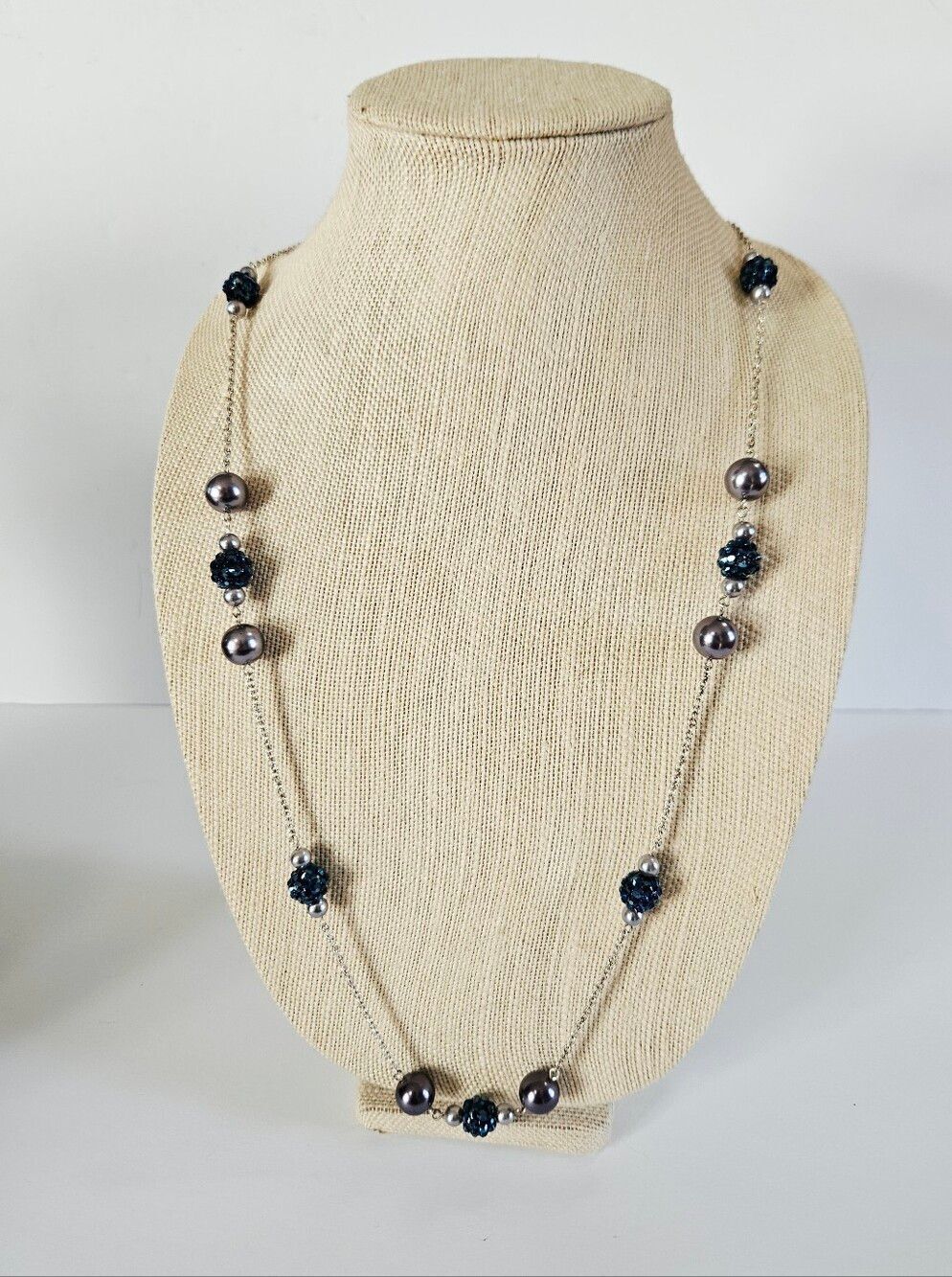 Vintage RMN Roman Blue Faux Pearl Beaded Silver Tone Opera Length Chain Necklace